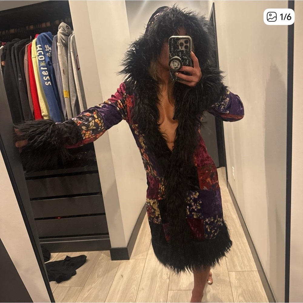 Colorful Goth velour patchwork black faux fur trim coat